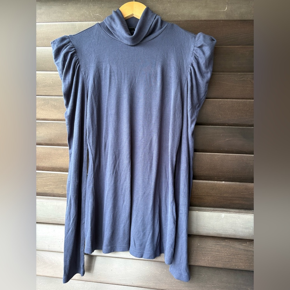 INC Navy Blue Ribbed Turtle Neck Puff Sleeve Shoulder Medium Stretchy
